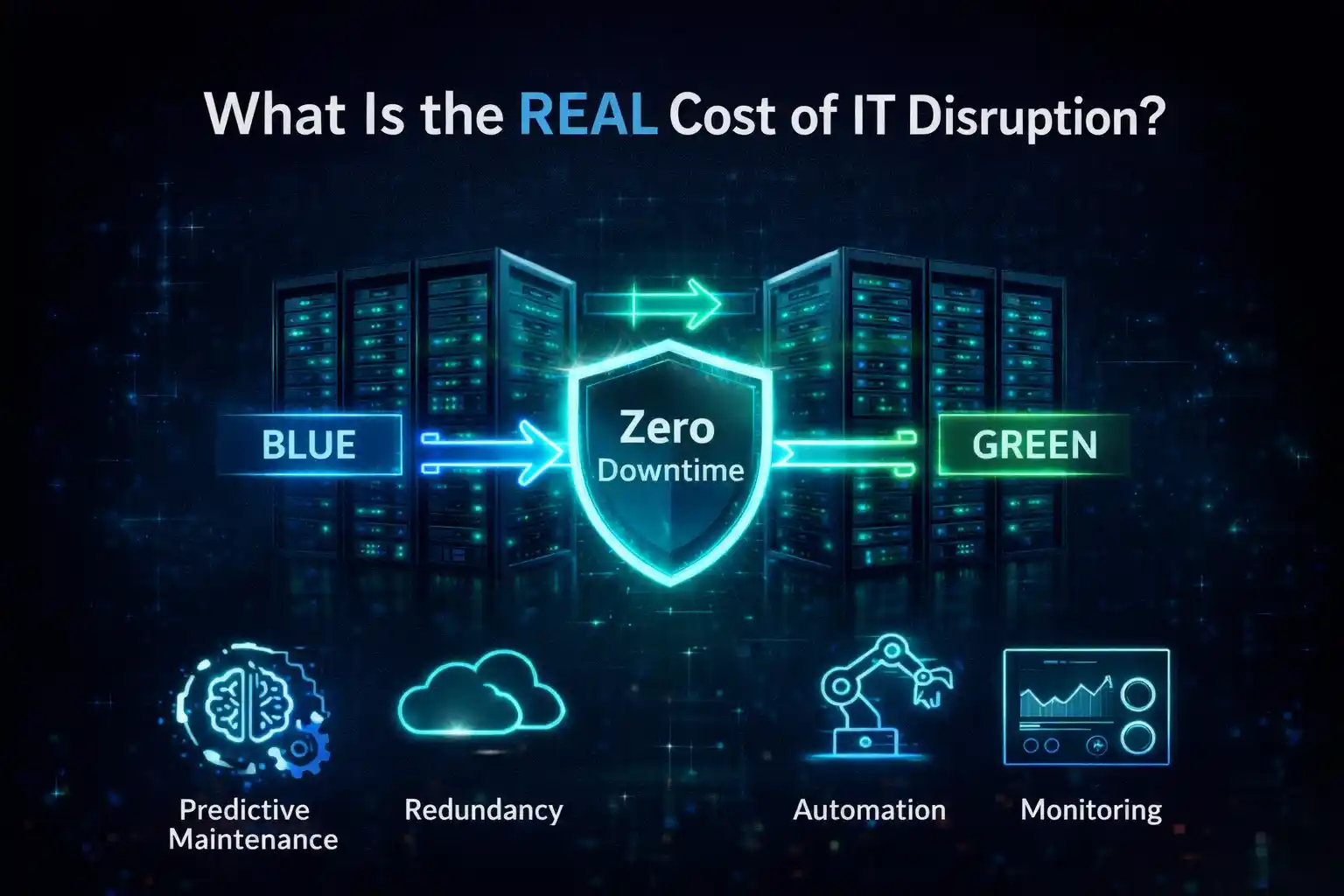 Blue-Green IT deployment graphic showing zero downtime and disruption cost factors.