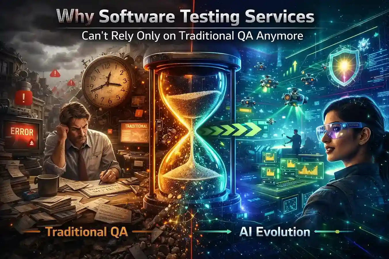 Traditional QA chaos vs futuristic AI testing, split by hourglass showing time and tech evolution.