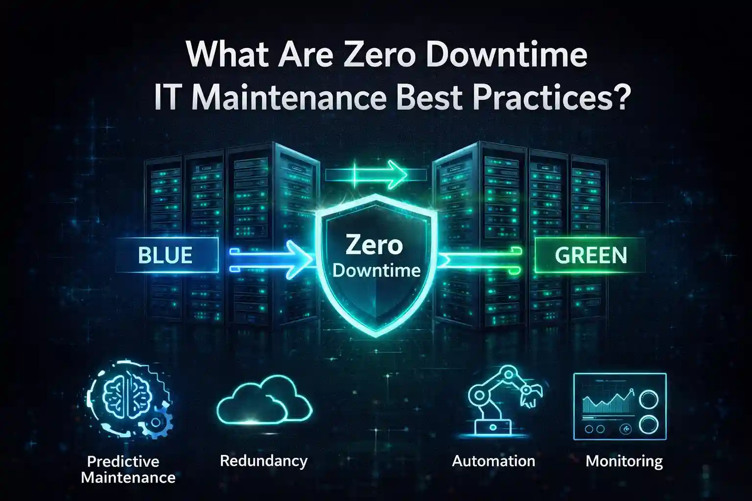 Zero downtime IT maintenance best practices graphic with Blue-Green deployment and monitoring.