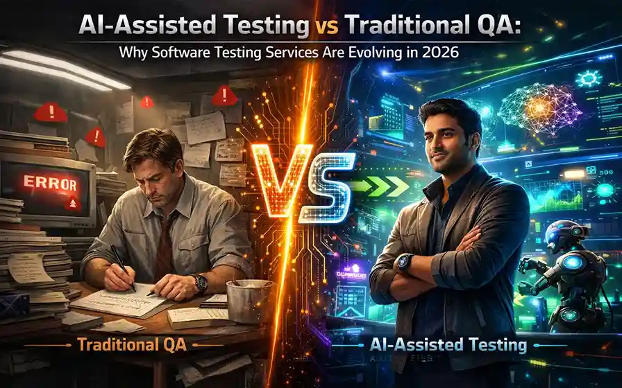 AI vs Traditional QA visual: stressed manual tester vs confident AI-driven testing expert.
