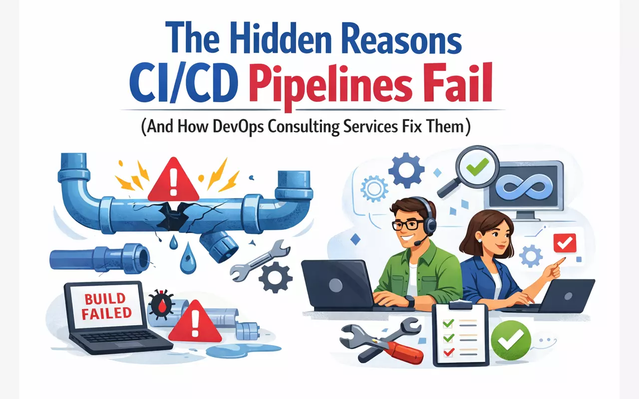 CICD pipeline failure illustration with DevOps experts fixing issues