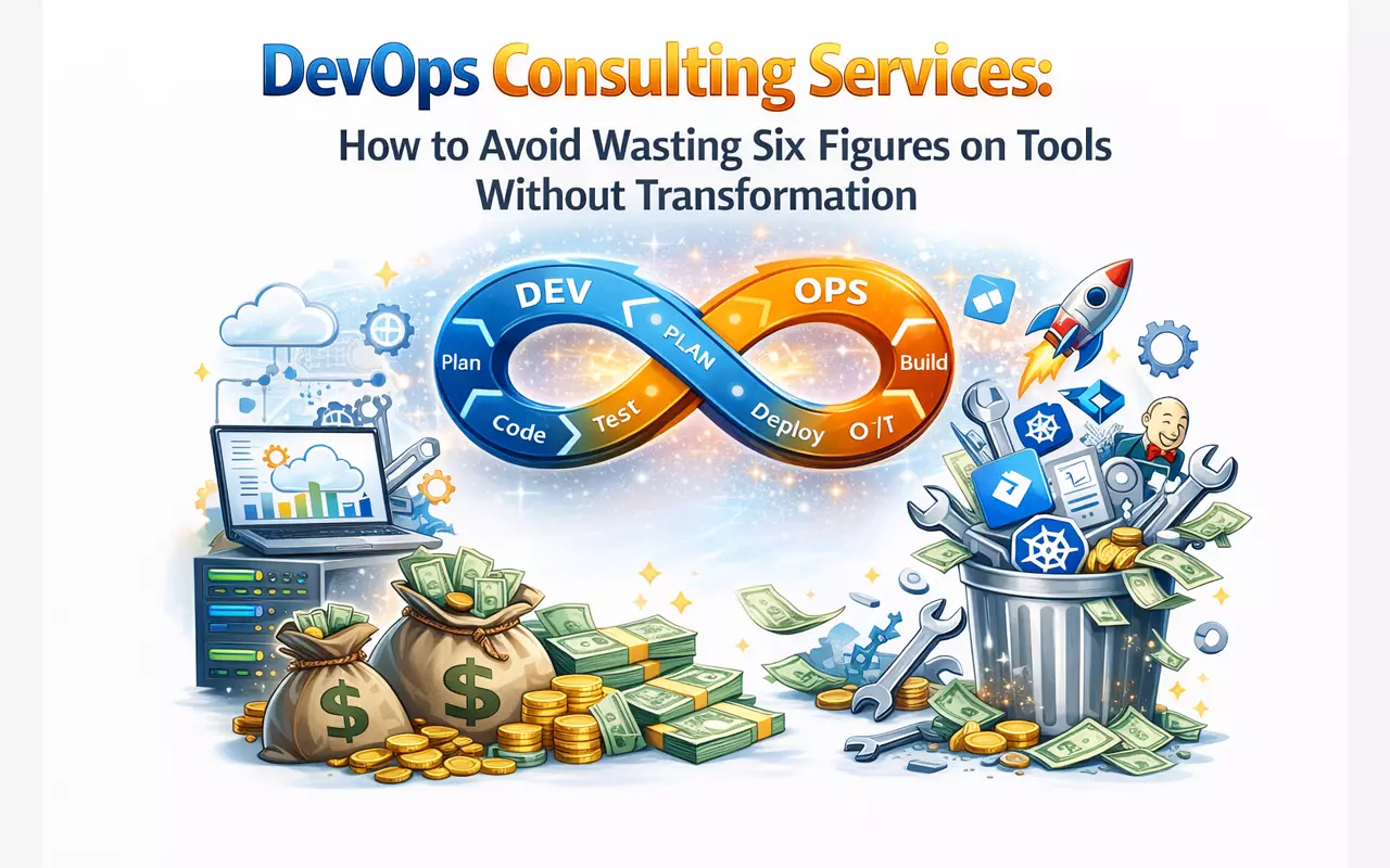 DevOps illustration showing tool waste vs transformation with automation and cost savings