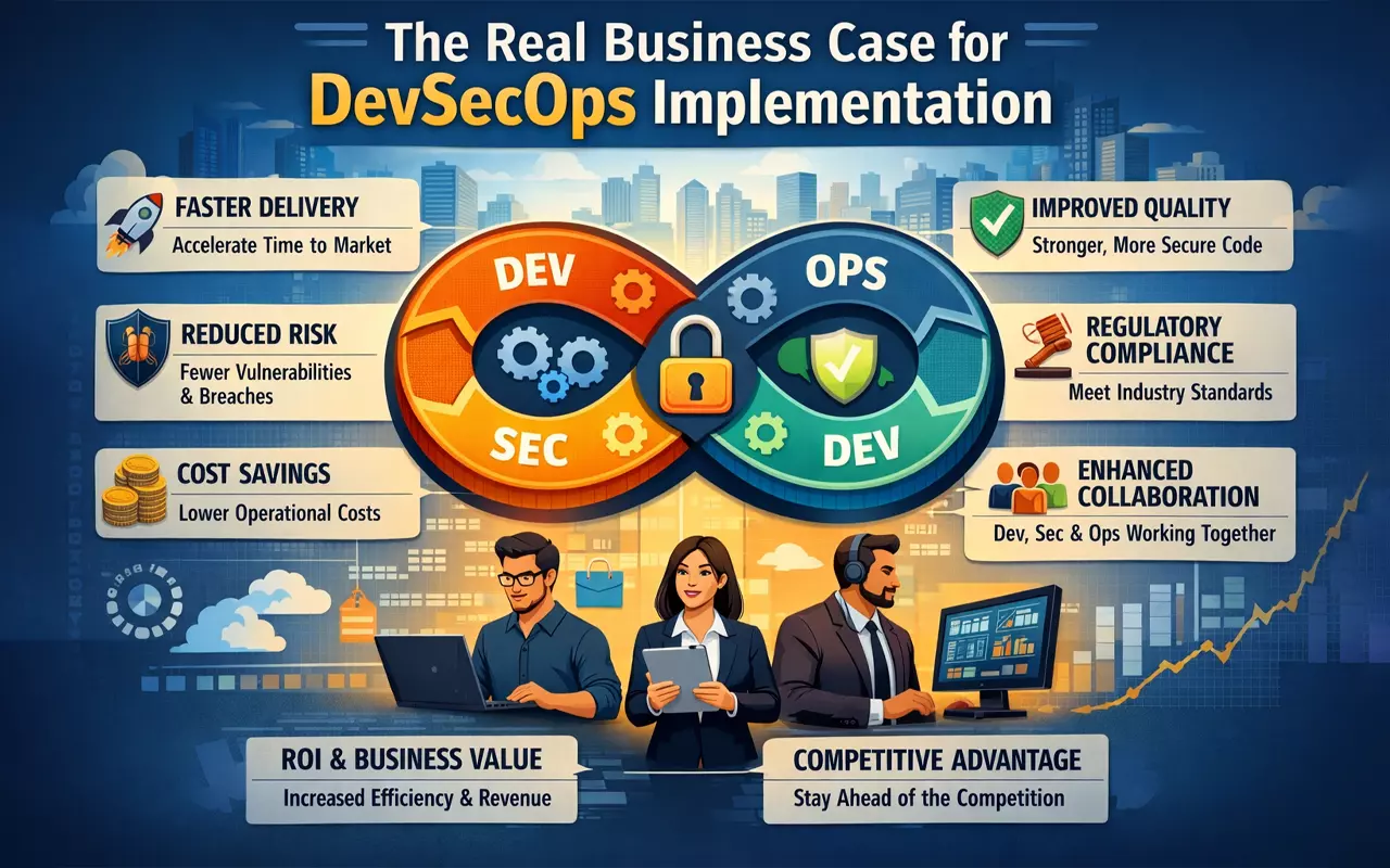 DevSecOps infographic showing faster delivery, security, and cost savings benefits