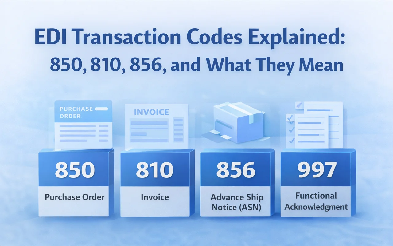Infographic showing EDI codes 850 PO, 810 Invoice, 856 ASN, and 997 Functional Acknowledgment