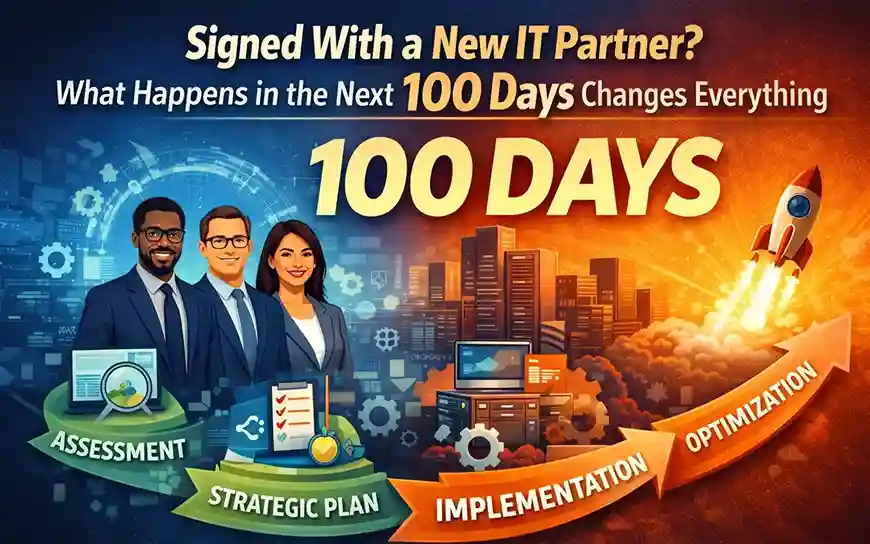 100-day IT partner journey from assessment to optimization with business growth visuals