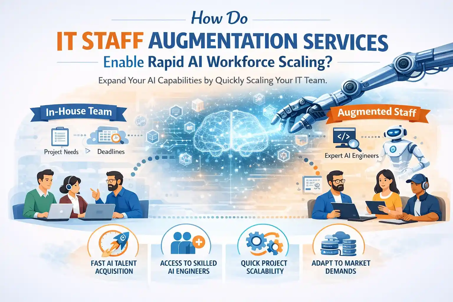 IT staff augmentation infographic showing rapid AI workforce scaling and expert AI engineers