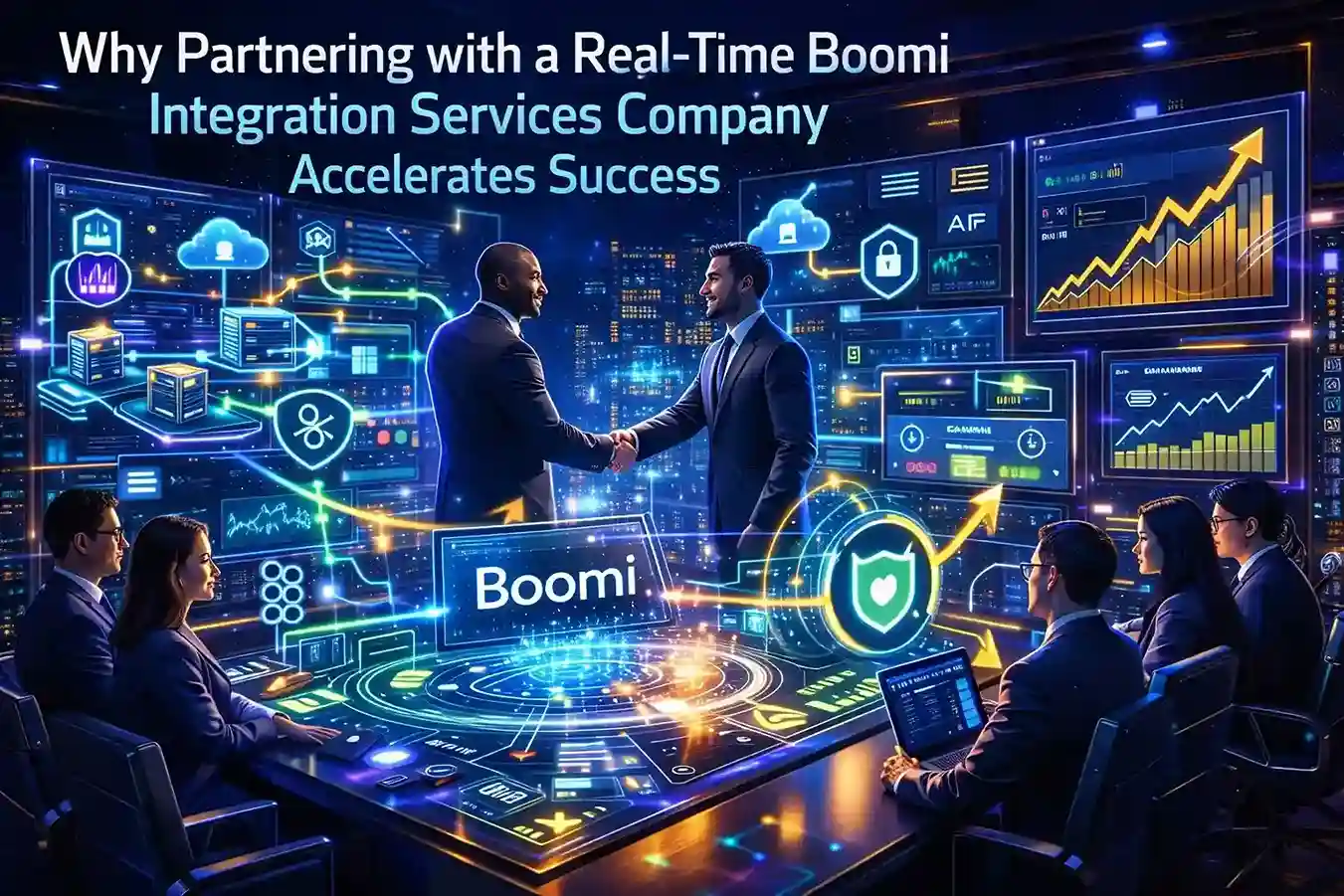 Business leaders shaking hands over Boomi real-time integration dashboard with growth analytics