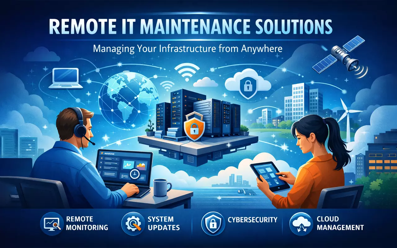 Remote IT maintenance solutions showing cloud management, cybersecurity, monitoring, and system updates